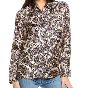 SANDRO black floral paisley beige silk blouse button up Medium c1